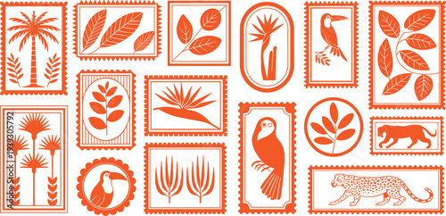 Tropical nature postage stamp collection with palm trees, exotic birds, botanical leaves and wildlife animals decorative vintage style vector illustration set