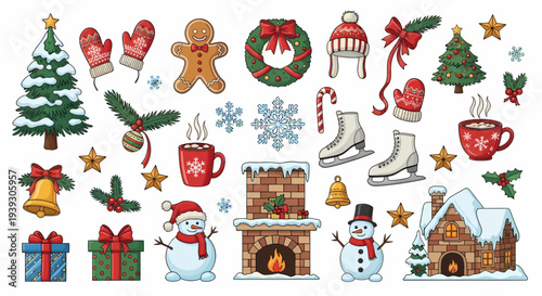 Christmas Cartoon Clipart Set with Snowmen and Trees.