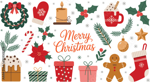 Merry Christmas holiday illustration set with wreath, gingerbread cookie, gifts, candy cane, candle and festive winter decorations vector collection