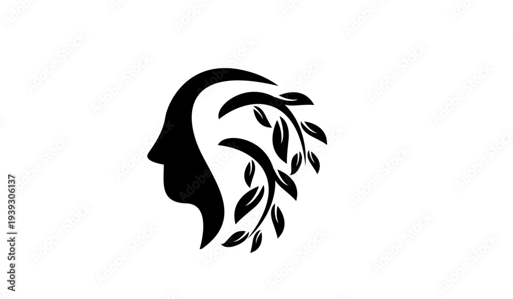 Naklejka premium Abstract Human Head Silhouette with Leafy Branches Representing Nature, Growth, and Mental Well-being