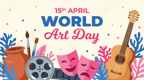 15th April World Art Day Vector Banner with Theater and Music Elements