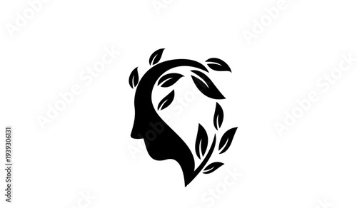 Human Head Profile Silhouette with Leaves - Mind, Nature, and Well-being Concept