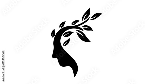 Minimalist Human Face Profile with Growing Plant Leaves Symbolizing Mental Well-being and Nature Connection