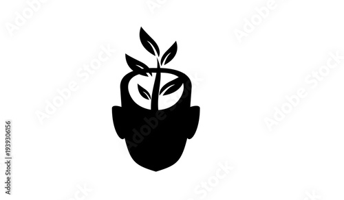 Human Head Silhouette with Plant Growing, Symbolizing Mental Growth, Creative Thinking, and Green Mindset
