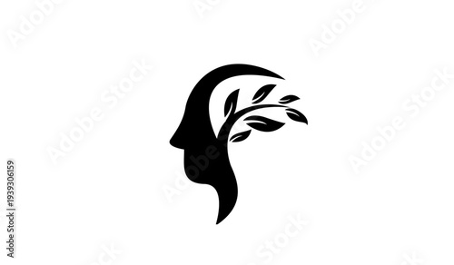 Human Head Profile Silhouette with Growing Plant and Leaves - Concept of Mental Growth, Nature, and Wellness