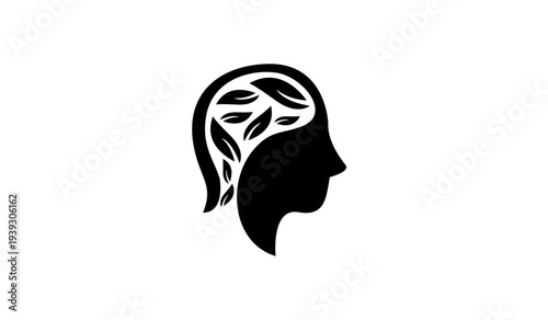 Human Head Profile with Leaves Icon - Natural Thinking and Mental Well-being Concept