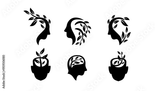 Human Mind and Nature Growth Icons Set. Vector Silhouette Illustration of Brain with Plants and Leaves, Symbolizing Mental Well-being, Learning, and Green Thinking.