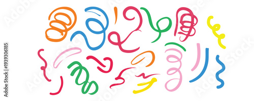 Colorful curly lines and swirls in various shapes and sizes on white