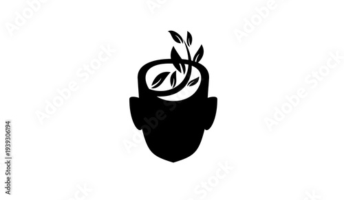 Human Head Silhouette with Plant Growing from Brain, Symbolizing Mental Growth and Fresh Ideas