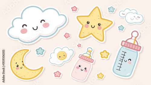 Cute baby stickers with smiling moon, star, clouds and bottles