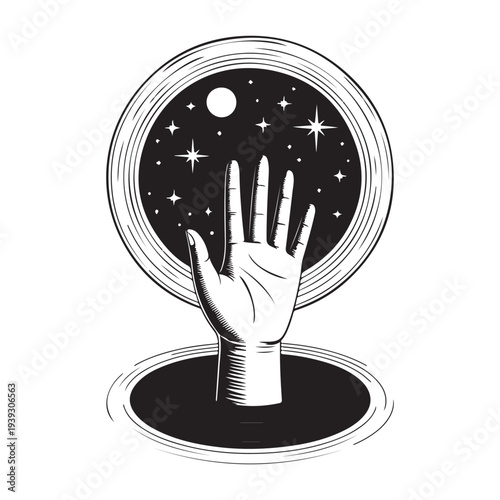 Hand reaching out from a circular hatch into a starry night sky