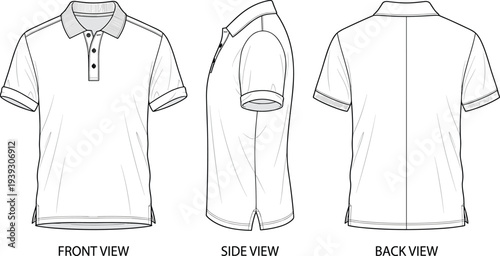 Polo shirt technical sketch illustration vector garment construction fashion design graphics, apparel concept, black and white creative art collection