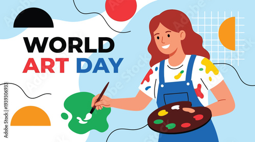 World Art Day Vector Banner with Woman Artist and Abstract Shapes
