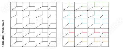 Two 3D cube grid illustrations side by side with different line colors and patterns