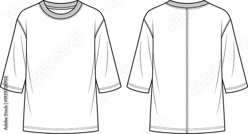 T-shirt technical flat sketch illustration vector garment construction fashion design graphics, crew neckline relaxed fit creative art collection