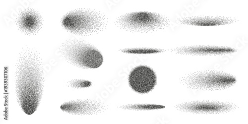 Gradient grain dot shadow with noise effect on white background. Abstract grunge oval and circle shade with black shape element and stipple fade dust. Sand spray effect, vector illustration.