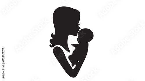Mother's silhouette kissing baby's forehead with love, a heartwarming maternal bond shown in black and white.