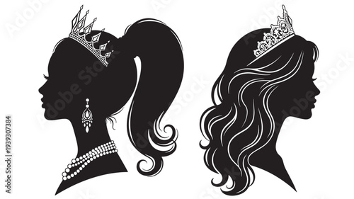 Silhouettes of two princesses with crowns and jewelry, one with a high ponytail and pearl necklace, the other with flowing wavy hair.