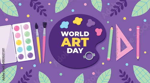 World Art Day Vector Banner with Paint Palette Brushes and Tools