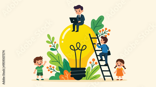Education and Idea Concept Vector with Kids and Giant Lightbulb