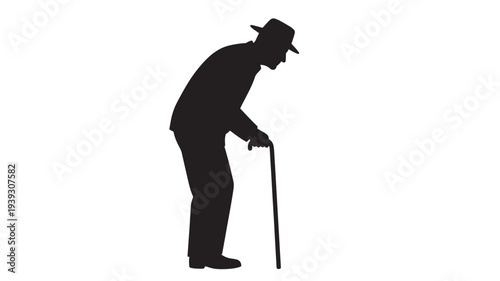 Man wearing a fedora and suit, leaning on a cane, depicted as a black silhouette against a white background.