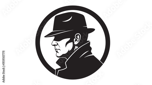 Man in fedora hat and trench coat silhouette logo, representing mystery and espionage, within a circular frame on white background.