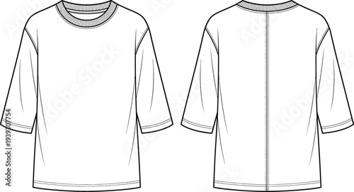 T-shirt technical flat sketch illustration vector garment construction fashion design graphics, crew neckline relaxed fit creative art collection