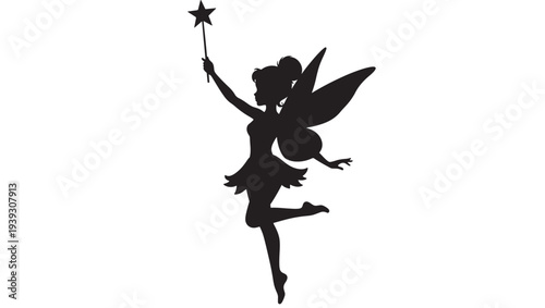 Fairy silhouette with star wand, wings outstretched, and one leg lifted, evoking a sense of magic and enchantment.