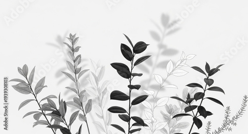 Silhouettes of Various Plant Leaves and Stems.