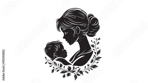 Silhouette of a mother tenderly holding her baby surrounded by floral elements, symbolizing love and family.