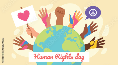 Human Rights Day Vector Banner with Diverse Raised Hands and Globe