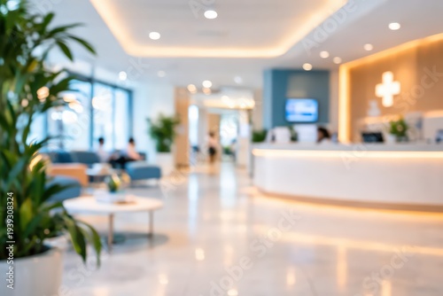 Blurred modern hospital or clinic lobby with reception desk and waiting area, a clean and bright healthcare background for medical concepts.