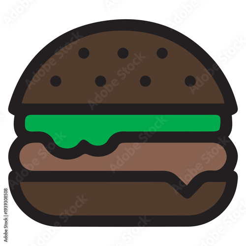 Flat burger icon illustration with lettuce and bun. Simple colorful fast food symbol isolated on white background. Minimal modern design suitable for menu, app, restaurant, and food related graphics.