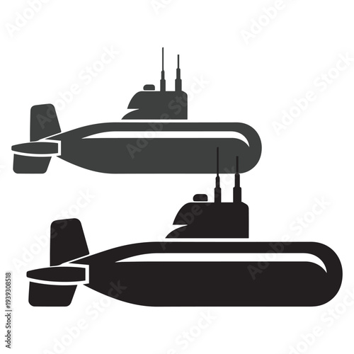 Submarine silhouette icon set in black and gray. Simple military naval submarine illustration isolated on white background. Minimal flat design suitable for marine, navy, and transportation themes