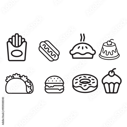 Minimalist fast food line icons set including french fries, hot dog, pie, pudding, taco, burger, donut, and cupcake. Simple black outline illustration isolated on white background.