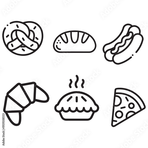 Minimalist line icons of bakery and fast food items including pretzel, bread loaf, hot dog, croissant, pie, and pizza slice. Simple black outline illustration isolated on white background