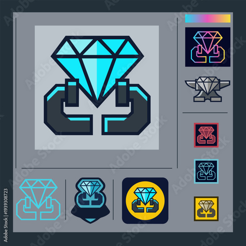 Abstract Geometric Diamond Under Pressure Vector Logo Set. Industrial Metal Vise Gripping Radiant Crystal Symbol for Resilience, Tech Startup, and Security Branding