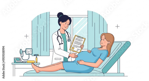Pregnant woman on examination table with doctor showing her medical chart in clinic