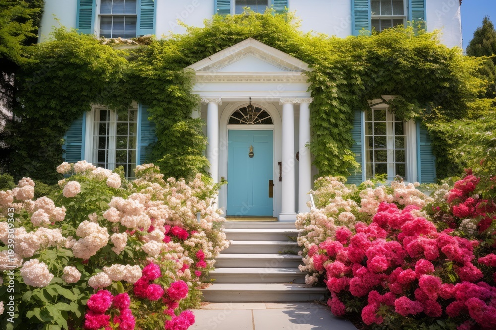 Naklejka premium Traditional house featuring a light blue door, white columns, vine covered facade, and vibrant blooming hydrangeas
