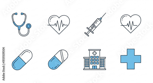 Medical icons set including stethoscope heart rate syringe pills hospital and cross on white background for healthcare and wellness concepts