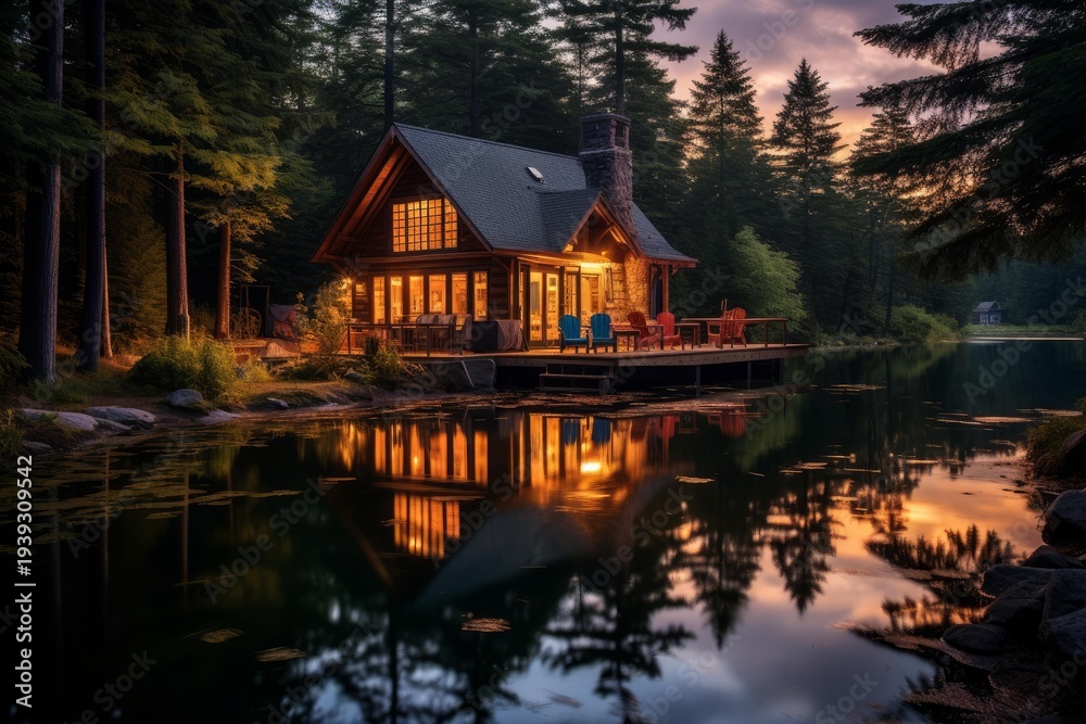 Obraz premium Rustic house with lights on by a tranquil lake at dusk, surrounded by forest