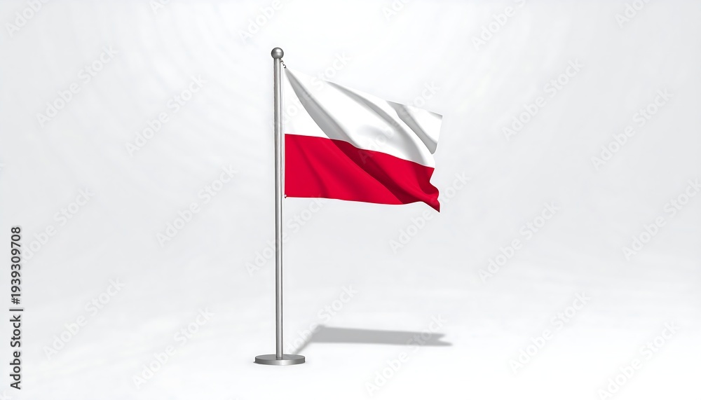 Naklejka premium Waving flag on pole. White over red horizontal stripes. Shaded background. Metallic pole