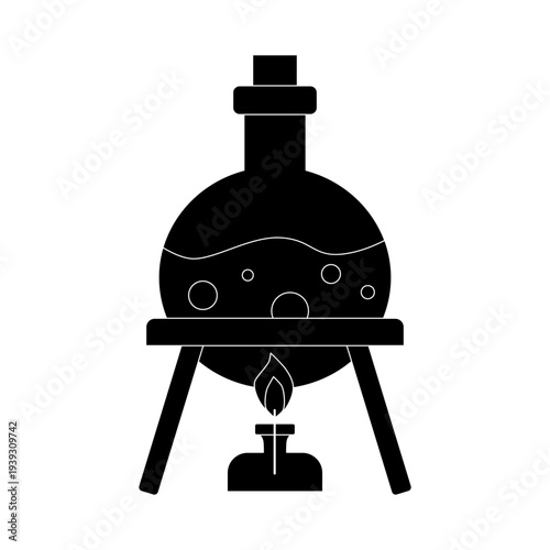  Chemistry lab and diagrammatic icons showing assorted experiments, glassware and molecules isolated on white for design elements, black and white vector illustration