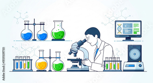 Scientist in lab coat examining sample under microscope with various colorful chemicals and equipment