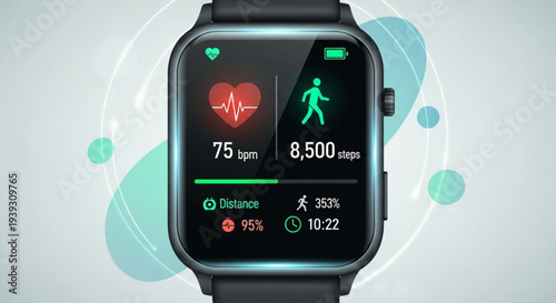 Smartwatch displaying fitness tracking data on heart rate and steps taken on a sleek background