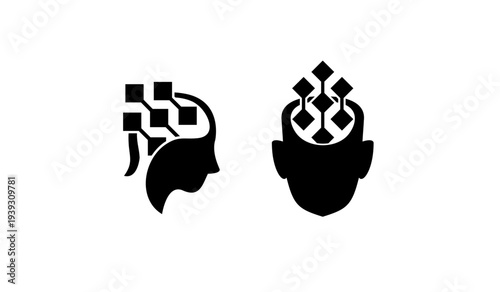 Artificial Intelligence (AI) and Digital Mind Concepts Icon Set with Human Head Silhouettes and Connected Geometric Shapes