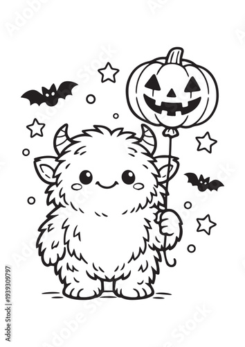 Happy Kawaii Halloween Monster with Pumpkin Balloon   Cute Spooky Coloring Page Line Art for Kids