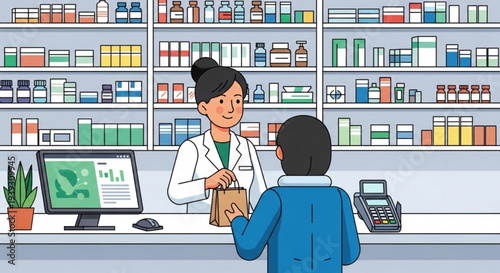 Pharmacist handing over prescription medication to customer at pharmacy counter with shelves of products