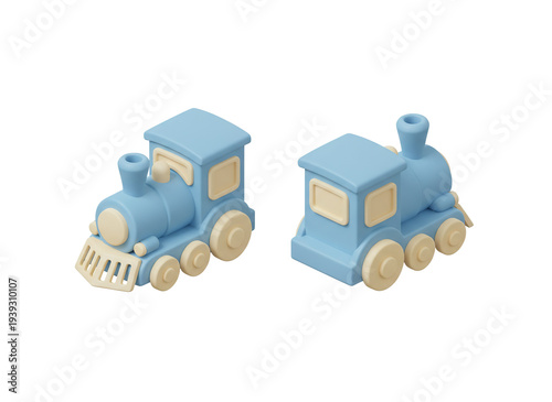 3D Isometric Blue Toy Steam Locomotives Isolated on White Background
