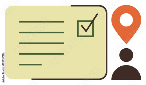 Identity verification, location tracking, authentication services, user data, personal ID validation, technology. ID card, checkbox person and location pin visualization. Identity verification